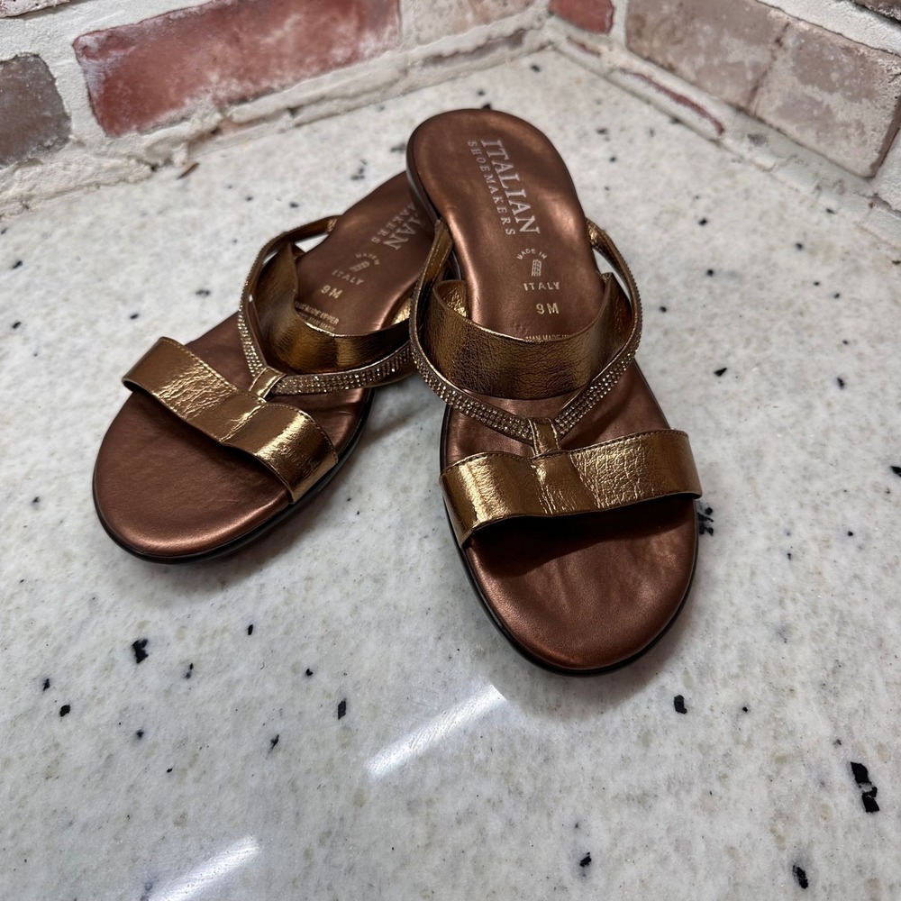 Italian Shoemakers Slides Women Bronze Rhinestone Metallic Wedge Sandals Size 9M